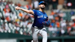 Toronto Blue Jays pitcher Nick Sandlin throws during the sixth inning of a game against the Baltimore Orioles in Baltimore, Sunday, April 13, 2025. (Terrance Williams/AP)