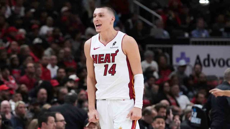 Miami Heat guard Tyler Herro reacts after scoring a basket during the second half of an NBA play-in tournament basketball game against the Miami Heat in Chicago, Wednesday, April 16, 2025. (Nam Y. Huh/AP)