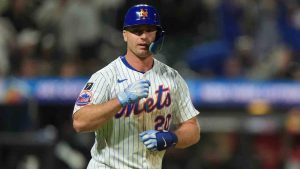 New York Mets' Pete Alonso runs the bases after hitting a home run during the fourth inning of a baseball game against the Arizona Diamondbacks Tuesday, April 29, 2025, in New York. (Frank Franklin II/AP)