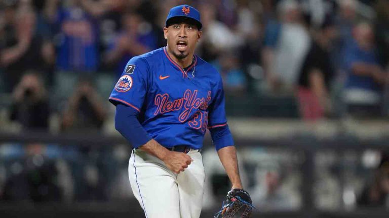 New York Mets' Edwin Díaz pitches celebrates after a baseball game against the Atlanta Braves Thursday, June 26, 2025, in New York. (Frank Franklin II/AP)
