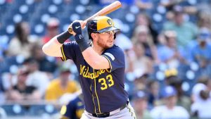 Milwaukee Brewers' Danny Jansen in action during a baseball game against the Washington Nationals, Sunday, Aug. 3, 2025, in Washington. (Nick Wass/AP)