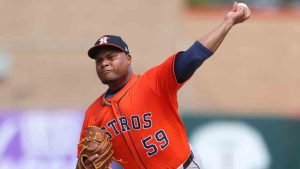 Houston Astros pitcher Framber Valdez throws to an Athletics batter during the first inning of a baseball game Thursday, Sept. 25, 2025, in West Sacramento, Calif. (Scott Marshall/AP)
