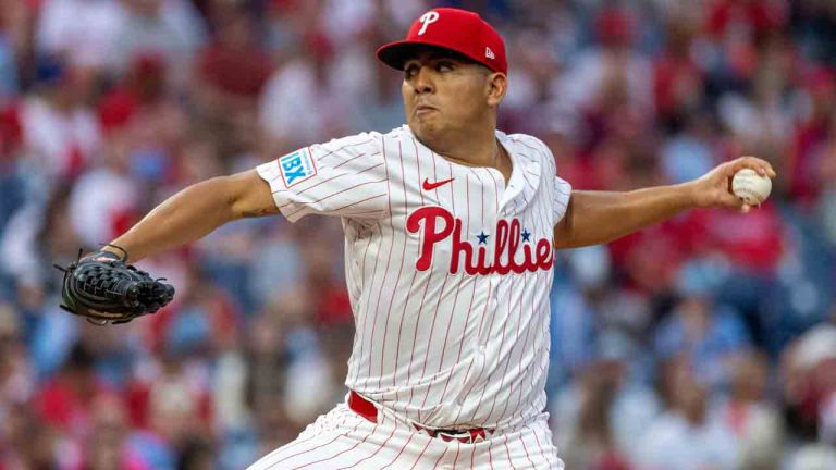 Philadelphia Phillies starting pitcher Ranger Suarez throws during the first inning of a baseball game against the Minnesota Twins, Saturday, Sept. 27, 2025, in Philadelphia. (Laurence Kesterson/AP)