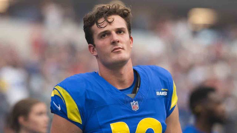 Los Angeles Rams place kicker Joshua Karty (16) stands for the National Anthem before an NFL football game against the San Francisco 49ers, Thursday, Oct. 2, 2025, in Inglewood, Calif. (Kyusung Gong/AP)