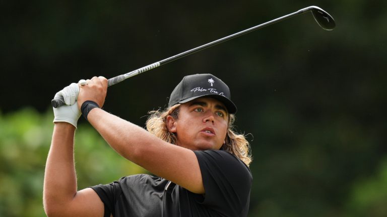 Garrick Higgo tees off on the second hole during the fourth round of the Baycurrent Classic golf tournament at the Yokohama Country Club in Yokohama, near Tokyo, Sunday, Oct. 12, 2025. (Hiro Komae/AP)