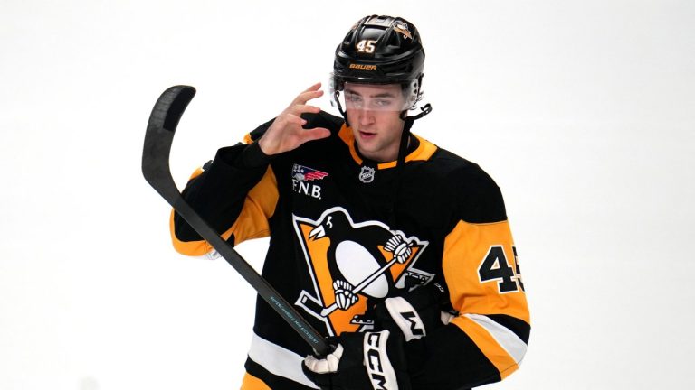 Pittsburgh Penguins' Harrison Brunicke skates back to the bench during an NHL hockey game against the Vancouver Canucks in Pittsburgh, Tuesday, Oct. 21, 2025. (Gene J. Puskar/AP)