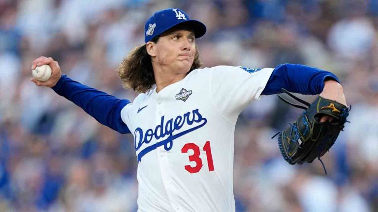 Los Angeles Dodgers pitcher Tyler Glasnow throws against the Toronto Blue Jays during the first inning in Game 3 of baseball's World Series, Monday, Oct. 27, 2025, in Los Angeles. (Brynn Anderson/AP)