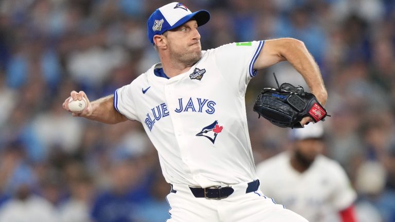 Toronto Blue Jays pitcher Max Scherzer delivers a pitch against the Los Angeles Dodgers during first inning Game 7 World Series action in Toronto on Saturday, Nov. 1, 2025. (Nathan Denette/CP)