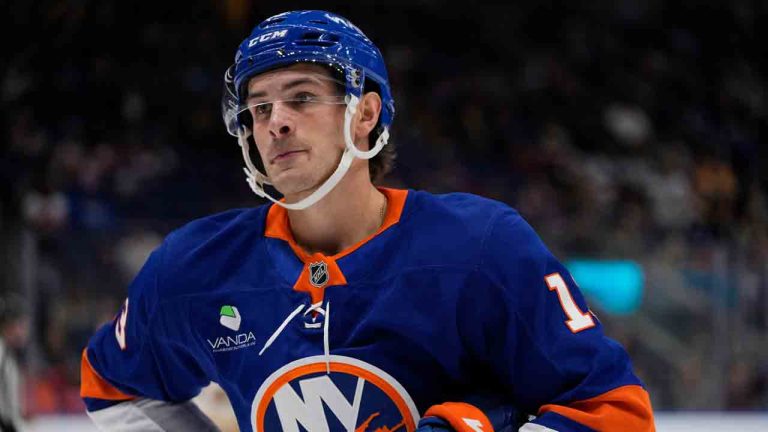New York Islanders' Mathew Barzal reacts after Boston Bruins' Marat Khusnutdinov scored a goal during the third period of an NHL hockey game Tuesday, Nov. 4, 2025, at UBS Arena in Elmont, N.Y. (Frank Franklin II/AP)