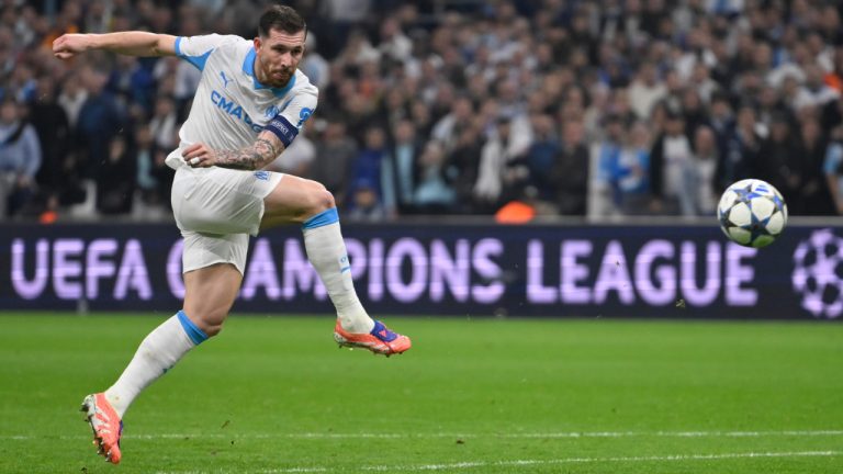 Marseille's Pierre-Emile Hojbjerg makes an attempt to score during the Champions League match between Marseille and Atalanta in Marseille, France, Wednesday, Nov. 5, 2025. (Philippe Magoni/AP)