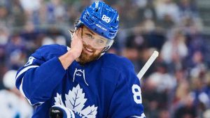 Toronto Maple Leafs' William Nylander (88) reacts as he skates on a break in the play during third period NHL hockey action against the Utah Mammoth in Toronto, on Wednesday, Nov. 5, 2025. (Sammy Kogan/CP)