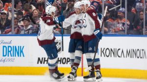 Colorado Avalanche players celebrate a goal against the Edmonton Oilers during second period NHL action, in Edmonton on Saturday, November 8, 2025.(Jason Franson/CP)