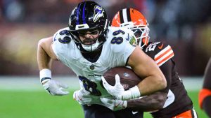Baltimore Ravens tight end Mark Andrews (89) is tackled by Cleveland Browns cornerback Myles Harden, rear, in the second half of an NFL football game in Cleveland, Sunday, Nov. 16, 2025. (David Richard/AP)