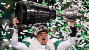 Saskatchewan Roughriders quarterback Trevor Harris (7) celebrates his win over the Montreal Alouettes in the 112th CFL Grey Cup, in Winnipeg on Sunday, Nov. 16, 2025. (Darryl Dyck/CP)