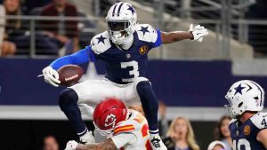 Dallas Cowboys wide receiver George Pickens (3) leaps over Kansas City Chiefs cornerback Trent McDuffie (22) during the second half of an NFL football game Thursday, Nov. 27, 2025, in Arlington, Texas. (Tony Gutierrez/AP)