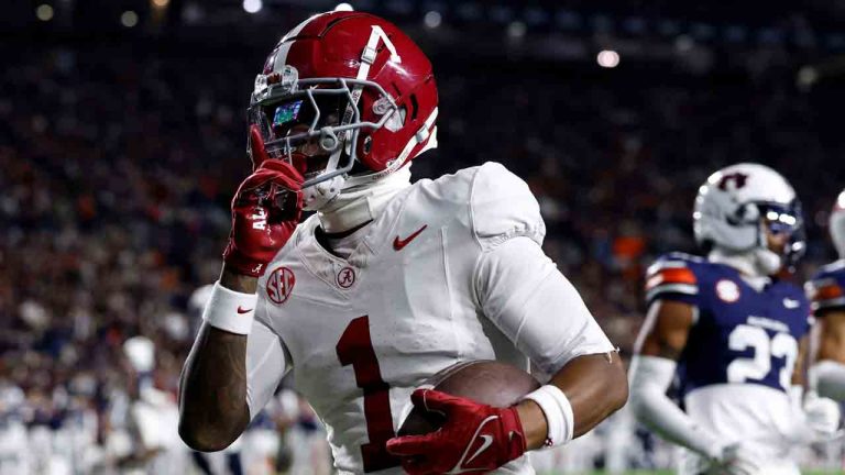 Alabama wide receiver Isaiah Horton (1) reacts after a touchdown against Auburn during the first half of an NCAA college football game, Saturday, Nov. 29, 2025, in Auburn, Ala. (Butch Dill/AP)
