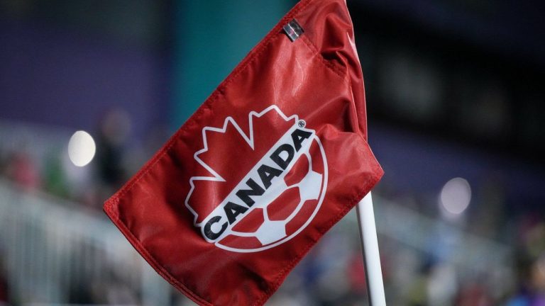 The Canada Soccer Association logo is seen on a corner flag as Canada plays Argentina during an international friendly soccer match, in Langford, B.C., on Tuesday, April 8, 2025. (Darryl Dyck/CP)