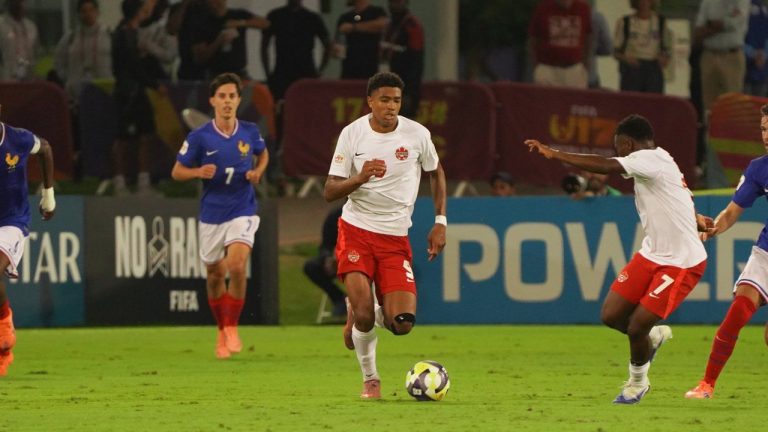 Canadian forward Marius Aiyenero (9) is shown on the ball in Canada's scoreless draw with France, in Group K play at the FIFA U-17 World Cup, at the Aspire Zone complex in Doha, Qatar, on Saturday, Nov. 8, 2025, in this handout photo. (CP/Handout - Canada Soccer)