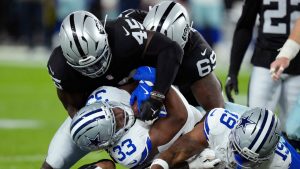 Las Vegas Raiders linebacker Devin White (45) and Raiders defensive tackle Adam Butler (69) stops Dallas Cowboys running back Javonte Williams (33) as Cowboys wide receiver Ryan Flournoy (19) tries to make a block during the first half of an NFL football game Monday, Nov. 17, 2025, in Las Vegas. (John Locher/AP)