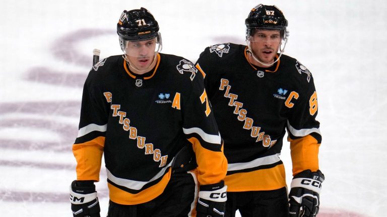 Pittsburgh Penguins' Sidney Crosby (87) and Evgeni Malkin (71) take to the ice for a shift during the first period of an NHL hockey game against the Minnesota Wild in Pittsburgh, Tuesday, Oct. 29, 2024. (Gene J. Puskar/AP)