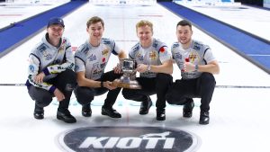 Scotland’s Team Bruce Mouat (Far left) celebrates his 12 Grand Slam of Curling title with teammates Grant Hardie (Middle left) Bobby Lammie (Middle right) and Hammy McMillan Jr. (Far right) at the KIOTI GSOC Tahoe event on Sunday Nov. 9, 2025, in Stateline, Nev. (Anil Mungal/TCG)