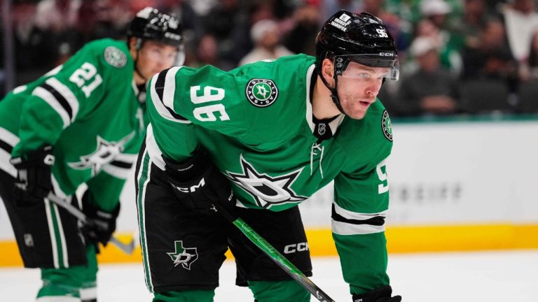 Dallas Stars' Mikko Rantanen prepares for a face-off during an NHL hockey game against the Edmonton Oilers Tuesday, Nov. 4, 2025, in Dallas. (Tony Gutierrez/AP)