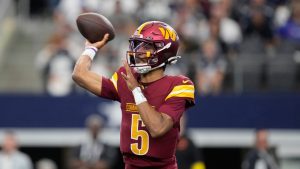 Washington Commanders quarterback Jayden Daniels throws a pass during an NFL game against the Dallas Cowboys, Sunday, Oct. 19, 2025, in Arlington, Texas. (AP/Tony Gutierrez)