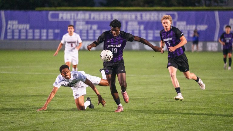 Canadian forward David Ajagbe (19) is shown in action for the University of Portland Pilots against the Gonzaga University Bulldogs, in Portland in a Sept. 27, 2025, handout photo. (Portland Pilots Digital Media/CP)