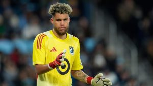 Minnesota United goalkeeper Dayne St. Clair stands on the field during the first half of an MLS soccer match against CF Montreal in St. Paul, Minn., Saturday, March 1, 2025. (Abbie Parr/AP)