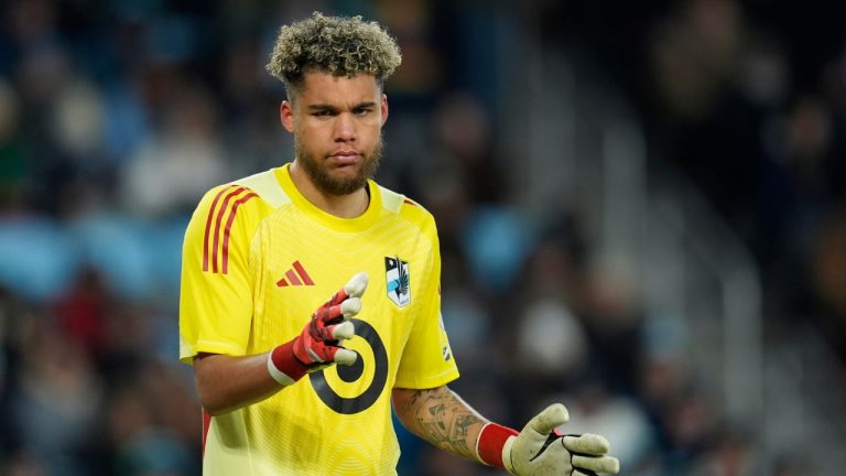Minnesota United goalkeeper Dayne St. Clair stands on the field during the first half of an MLS soccer match against CF Montreal in St. Paul, Minn., Saturday, March 1, 2025. (Abbie Parr/AP)