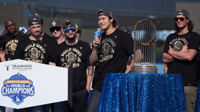 Los Angeles Dodgers' Shohei Ohtani speaks during a celebration of the baseball team's World Series win at Dodger Stadium on Monday, Nov. 3, 2025, in Los Angeles. (Gregory Bull/AP)