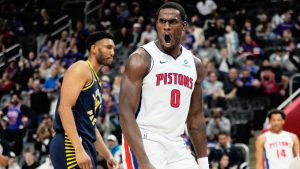 Detroit Pistons centre Jalen Duren reacts after dunking the ball during the first half of an NBA basketball game against the Indiana Pacers Monday, Nov. 17, 2025, in Detroit. (Ryan Sun/AP)