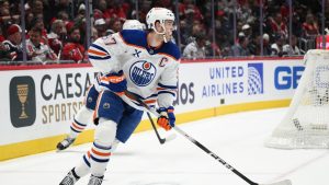 Edmonton Oilers center Connor McDavid skates with the puck during the first period of an NHL hockey game against the Washington Capitals, Wednesday, Nov. 19, 2025, in Washington. (Nick Wass/AP)