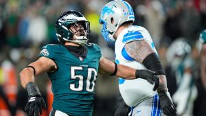 Philadelphia Eagles linebacker Jaelan Phillips (50) reacts to a sack of Detroit Lions quarterback Jared Goff during the first half of an NFL football game Sunday, Nov. 16, 2025, in Philadelphia. (Chris Szagola/AP)