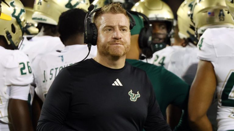 South Florida head coach Alex Golesh is seen on the field during a time out against North Texas in an NCAA college football game Friday, Oct. 10, 2025, in Denton, Texas. (AP/Richard W. Rodriguez)