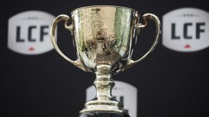 The Grey Cup is pictured as CFL Commissioner Stewart Johnston speaks at a press conference in Toronto on Monday, Sept. 22, 2025. (Sammy Kogan/CP)