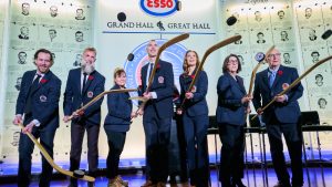Hockey Hall of Fame inductees Duncan Keith, left to right, Joe Thornton, Brianna Decker, Zdeno Chara, Jennifer Botterill, Danièle Sauvageau and Jack Parker pose for a photograph in Toronto, on Saturday, Nov. 8, 2025. (Sammy Kogan/CP)