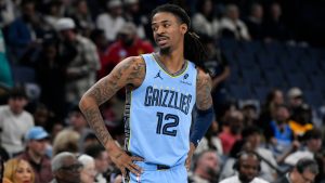 Memphis Grizzlies guard Ja Morant plays in the second half of an NBA Cup basketball game against the Los Angeles Lakers Friday, Oct. 31, 2025, in Memphis, Tenn. (AP Photo/Brandon Dill)