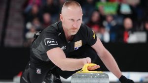 Team Jacobs skip Brad Jacobs throws a stone during Canadian Olympic curling trials finals action against Team Dunstone in Halifax on Saturday, November 29, 2025. (Darren Calabrese/CP)