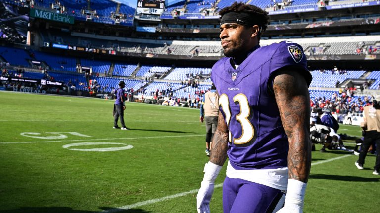 Baltimore Ravens cornerback Jaire Alexander looks on as he walks off the field after an NFL football game against the Houston Texans, Sunday, Oct. 5, 2025, in Baltimore. (Terrance Williams/AP)