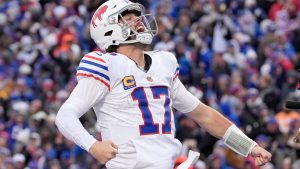 Buffalo Bills quarterback Josh Allen celebrates after scoring a touchdown against the Tampa Bay Buccaneers during the second half of an NFL game, Sunday, Nov. 16, 2025, in Orchard Park, N.Y. (AP/Carolyn Kaster)
