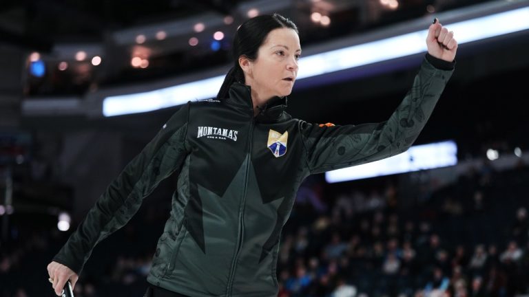 Kerri Einarson reacts after scoring against Team Lawes during Canadian Olympic curling trials action in Halifax, Monday, Nov. 24, 2025. (Darren Calabrese/CP)