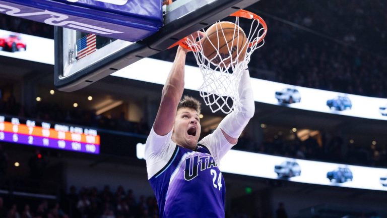 Utah Jazz centre Walker Kessler (24) dunks during the second half of an NBA basketball game, Monday, Oct. 27, 2025, in Salt Lake City. (Anna Fuder/AP)