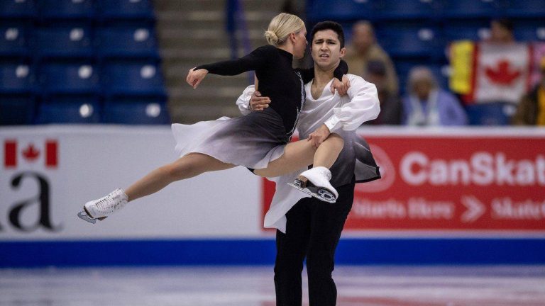 Canadians Piper Marjorie Lajoie and Zachary Lagha skate during a practice for the 2025 Skate Canada International event in Saskatoon, on Thursday, Oct. 30, 2025. (Liam Richards/CP)