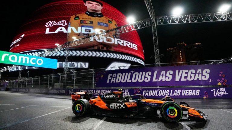 McLaren driver Lando Norris of Great Britain during a qualifying session at the Formula One Las Vegas Grand Prix auto race, Friday, Nov. 21, 2025 in Las Vegas. (AP/John Locher)