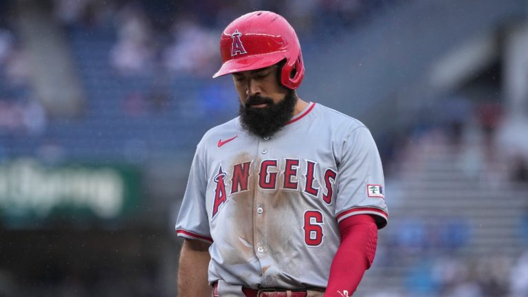 Los Angeles Angels' Anthony Rendon stands on first base during the fourth inning of the first baseball game of a doubleheader against the New York Yankees, Wednesday, Aug. 7, 2024, in New York. (Pamela Smith/AP)