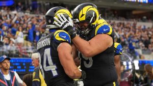 Los Angeles Rams tight end Colby Parkinson, left, celebrates his touchdown with offensive tackle Rob Havenstein during the second half of an NFL football game against the Seattle Seahawks, Sunday, Nov. 16, 2025, in Inglewood, Calif. (Gregory Bull/AP)