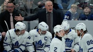 Toronto Maple Leafs head coach Craig Berube calls out during the third period of an NHL hockey game against the Columbus Blue Jackets, Wednesday, Nov. 26, 2025, in Columbus, Ohio. (Carolyn Kaster/AP)