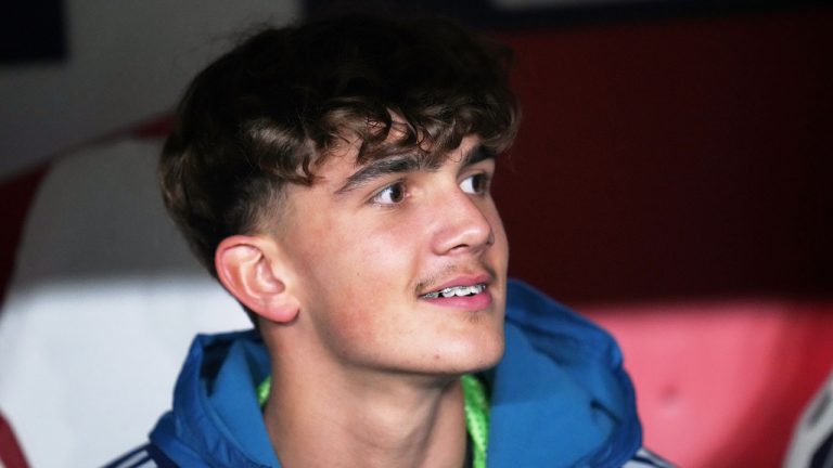 Arsenal's Max Dowman sits on the bench prior to the Champions League opening phase soccer match between Slavia Prague and Arsenal in Prague, Czech Republic, Tuesday, Nov. 4, 2025. (Petr David Josek/AP)