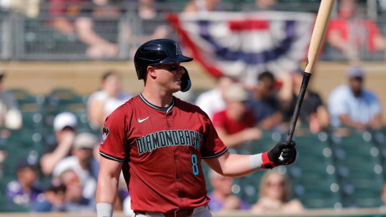 Arizona Diamondbacks' James McCann looks on while at the plate during the fourth inning of a baseball game against the Minnesota Twins, Sunday, Sept. 14, 2025, in Minneapolis. (AP/Bailey Hillesheim)